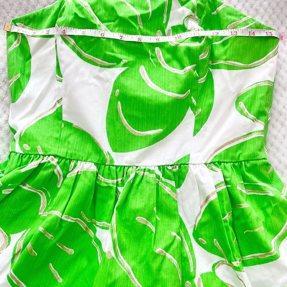Lilly Pulitzer Lottie Stinger Print Strapless Dress Green, White, and Gold - Picture 8 of 10